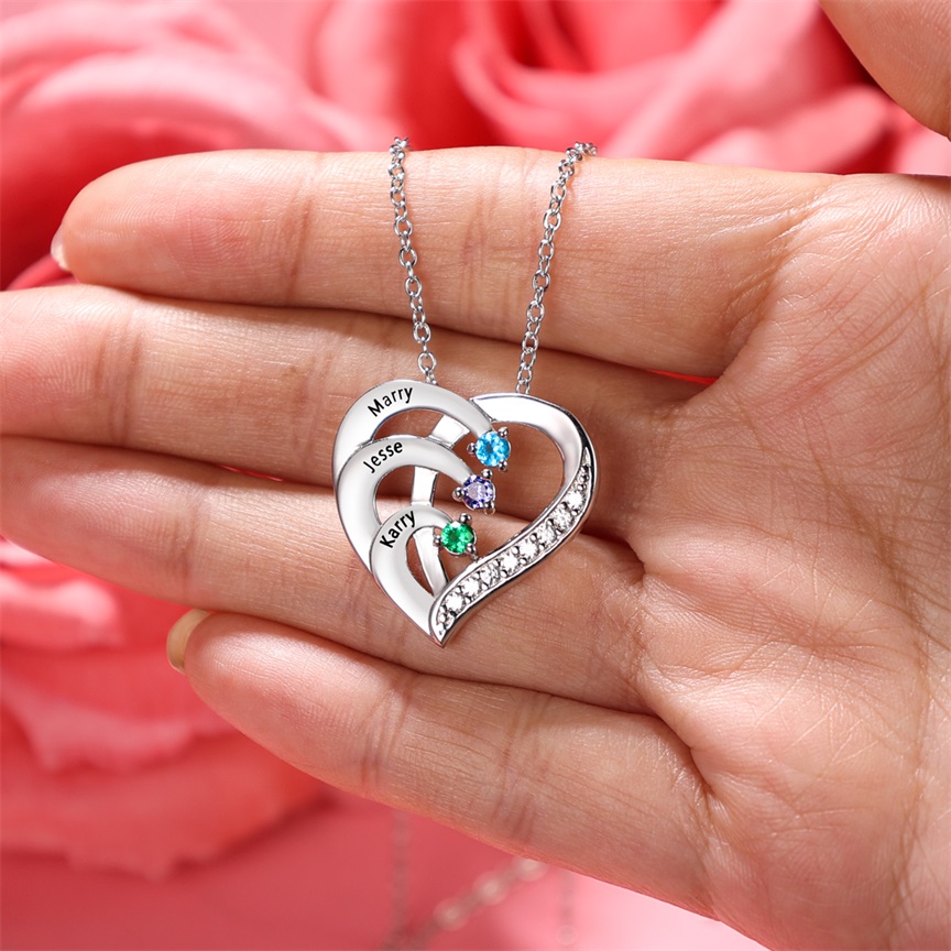 Personalized Mother Necklace 2 Stones Engraved 2 Names Birthstone Intertwined Heart Pendant