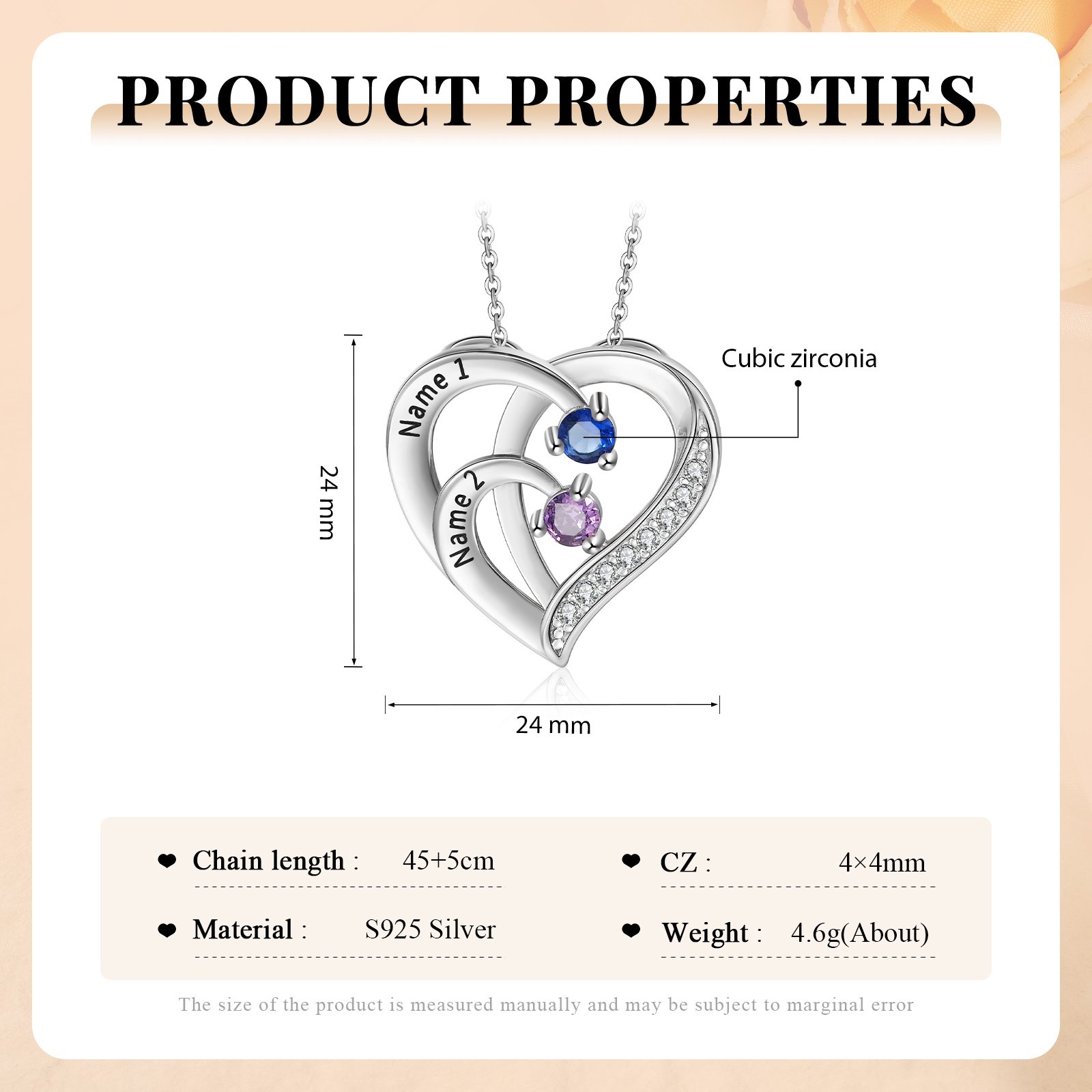 Personalized Mother Necklace 2 Stones Engraved 2 Names Birthstone Intertwined Heart Pendant