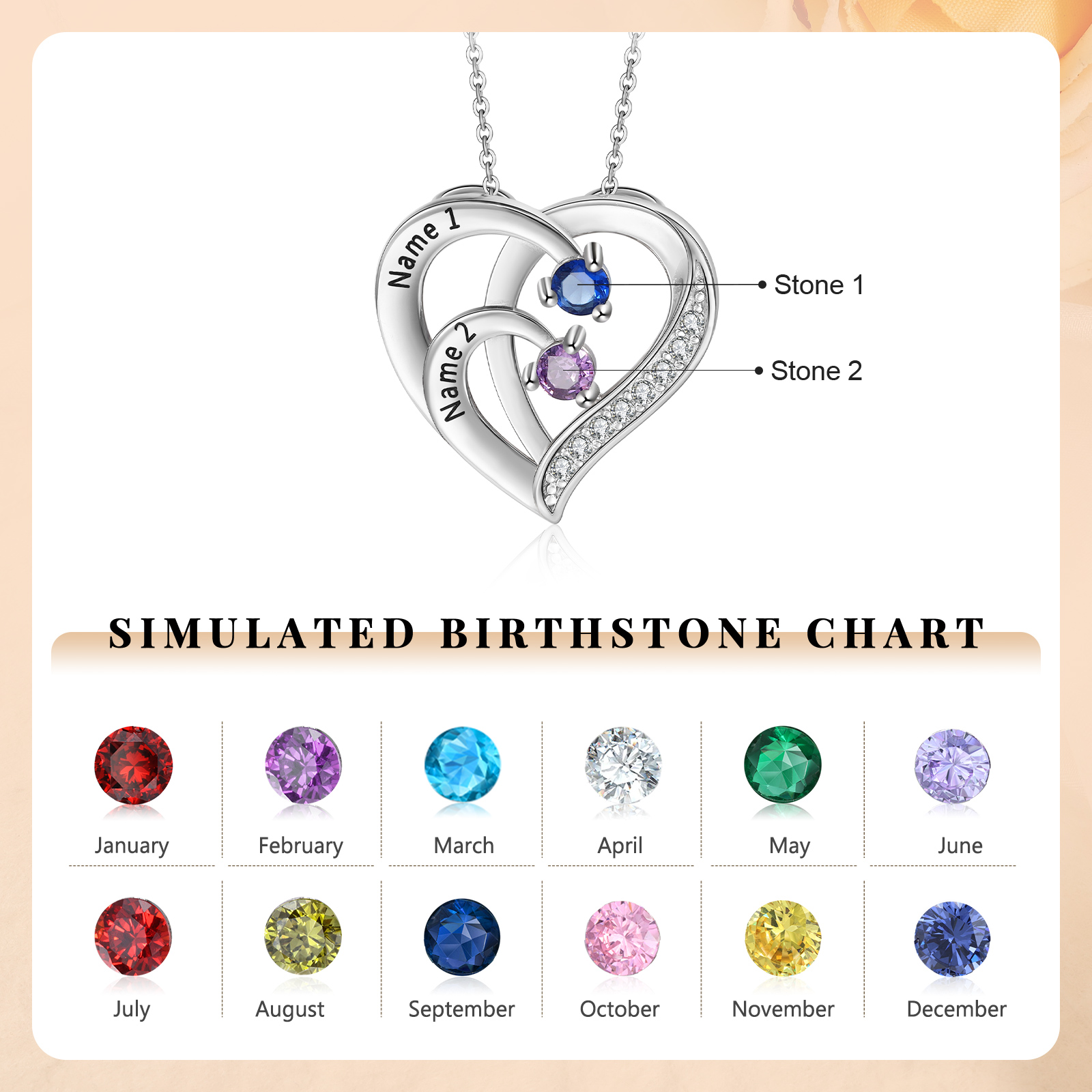 Personalized Mother Necklace 2 Stones Engraved 2 Names Birthstone Intertwined Heart Pendant