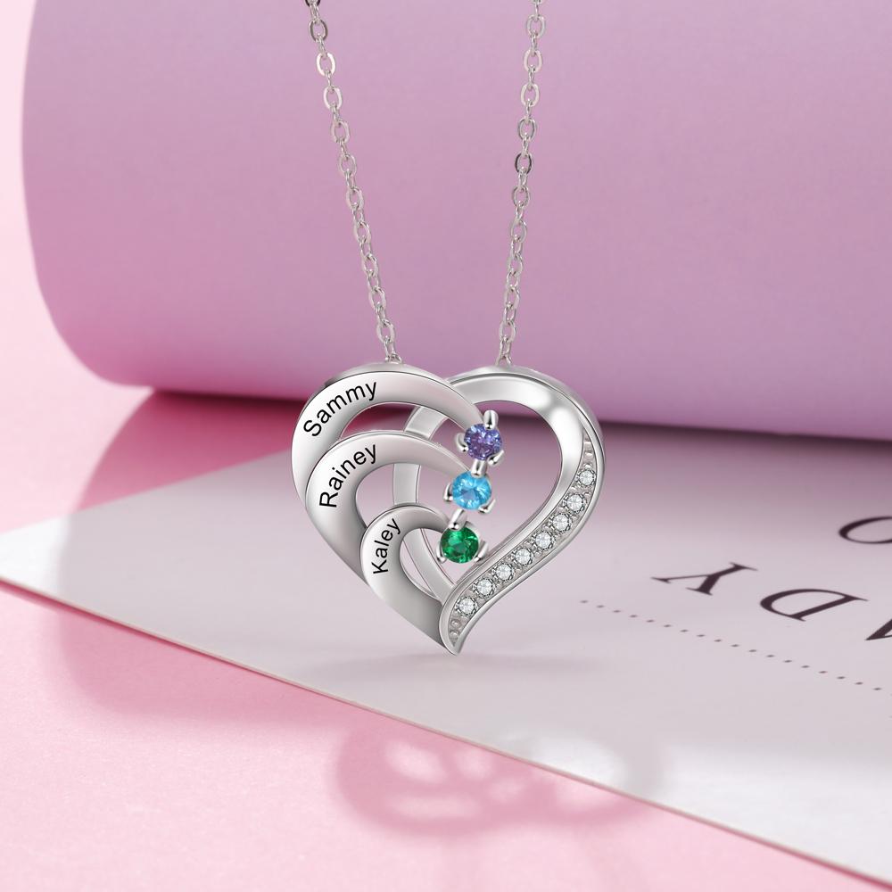 Personalized Mother Necklace 2/3/4 Stones Engraved 2/3/4 Names Birthstone Intertwined Heart Pendant