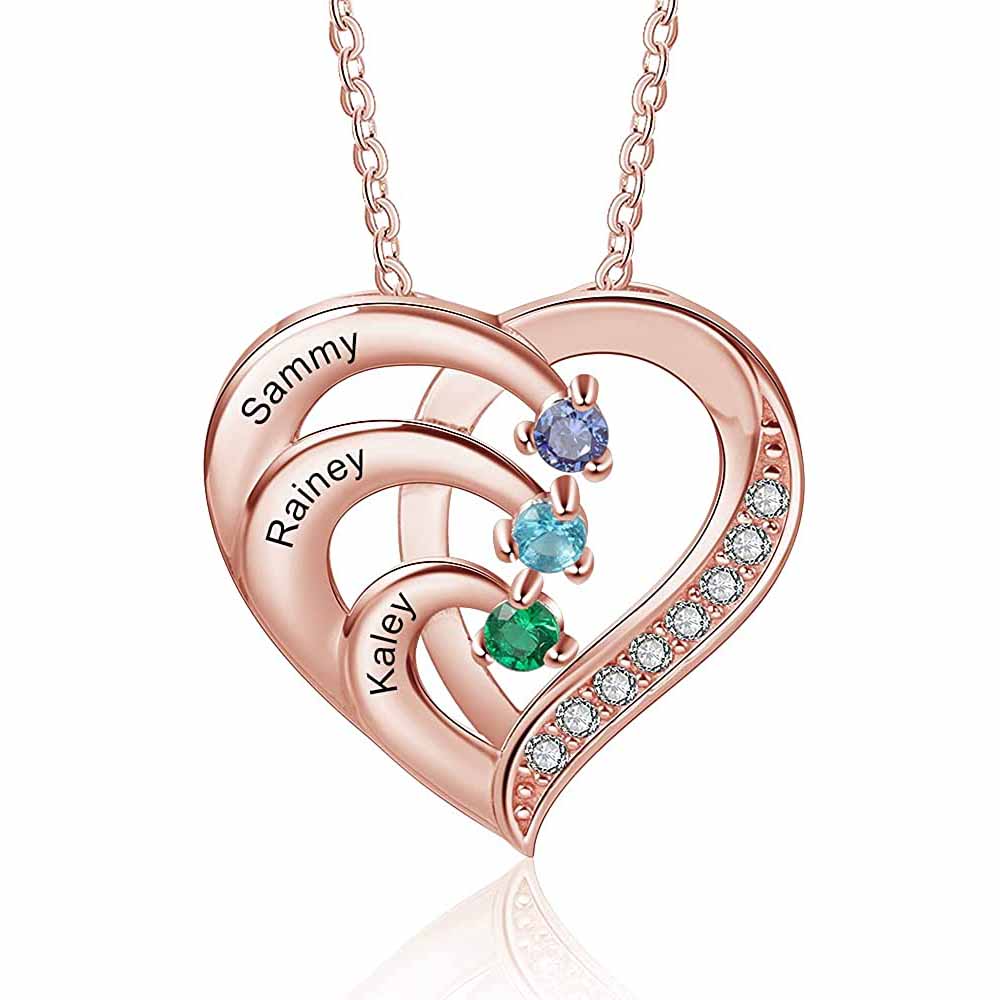 Personalized Mother Necklace 2/3/4 Stones Engraved 2/3/4 Names Birthstone Intertwined Heart Pendant