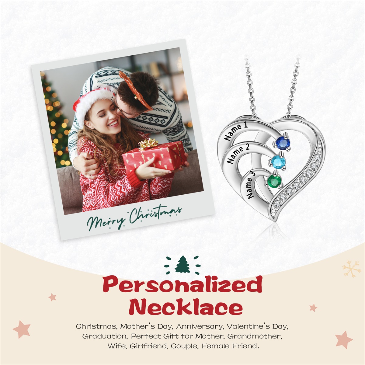 Personalized Mother Necklace 2/3/4 Stones Engraved 2/3/4 Names Birthstone Intertwined Heart Pendant