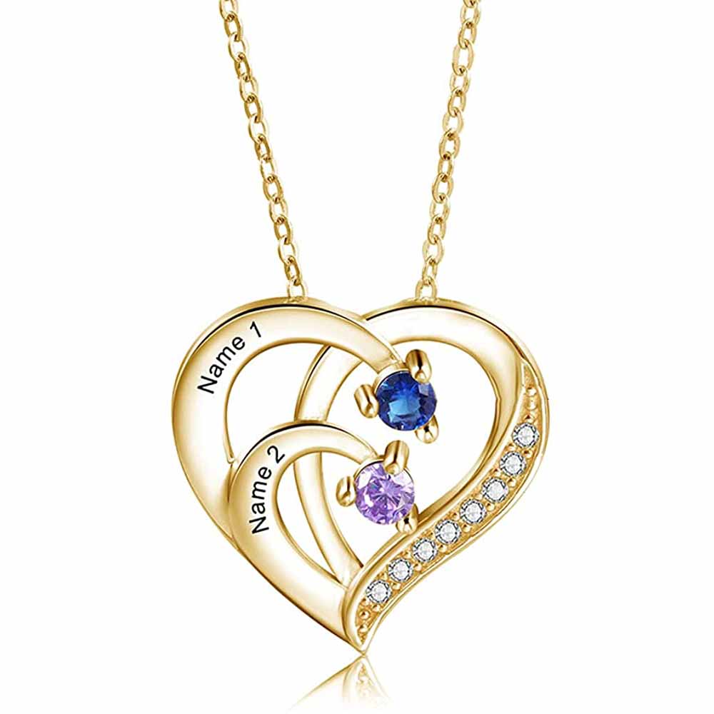 Personalized Mother Necklace 2 Stones Engraved 2 Names Birthstone Intertwined Heart Pendant