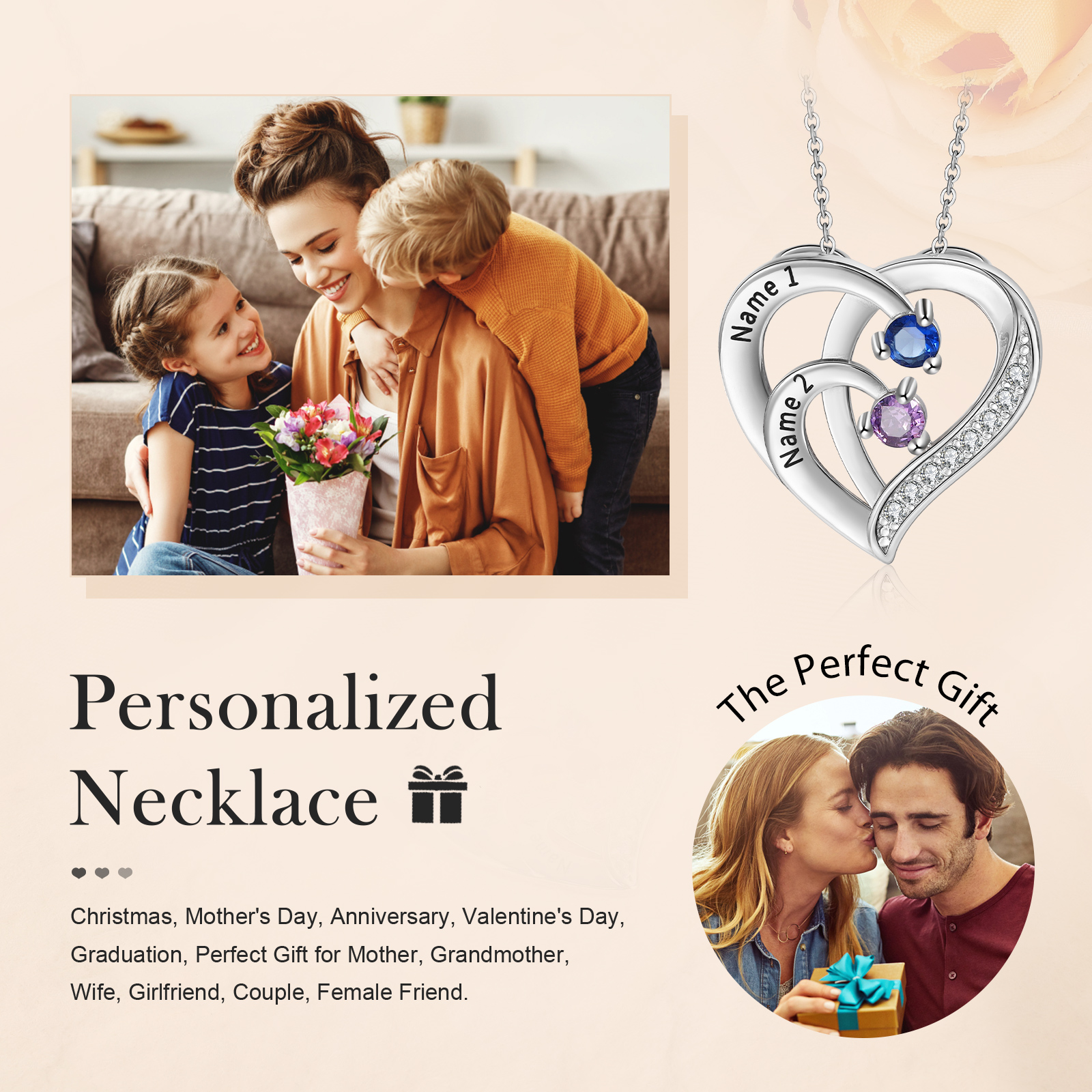 Personalized Mother Necklace 2 Stones Engraved 2 Names Birthstone Intertwined Heart Pendant