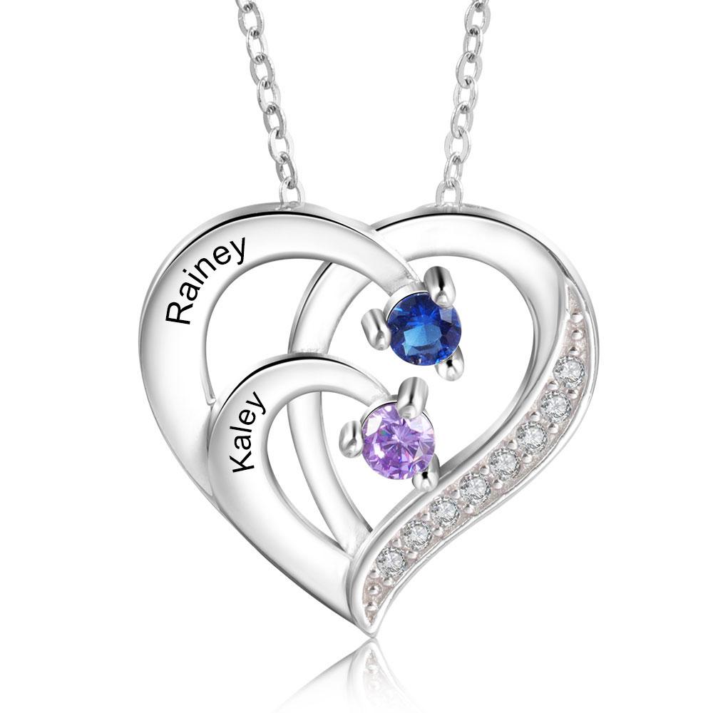 Personalized Mother Necklace 2 Stones Engraved 2 Names Birthstone Intertwined Heart Pendant