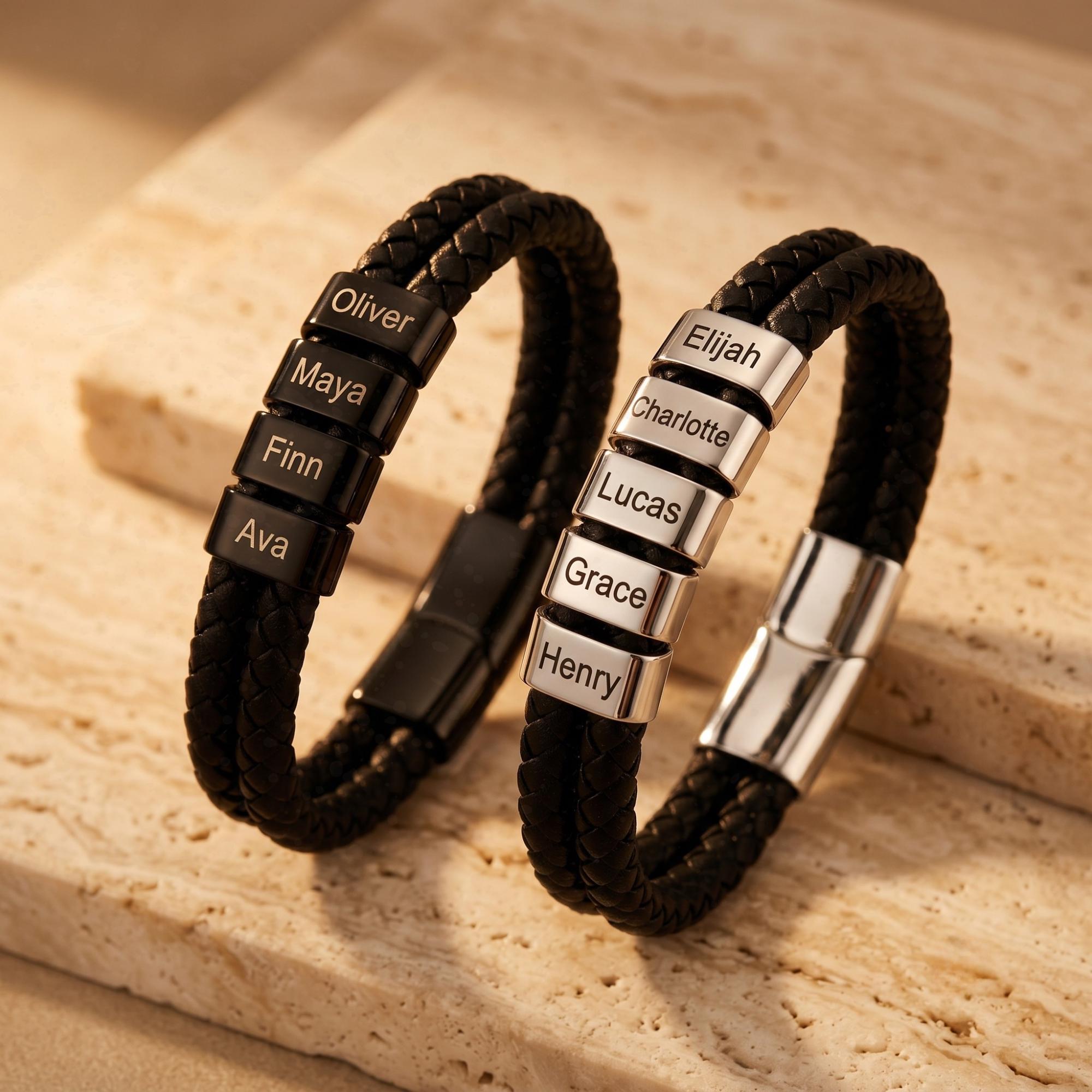 Leather dad band Custom name mens bracelet 