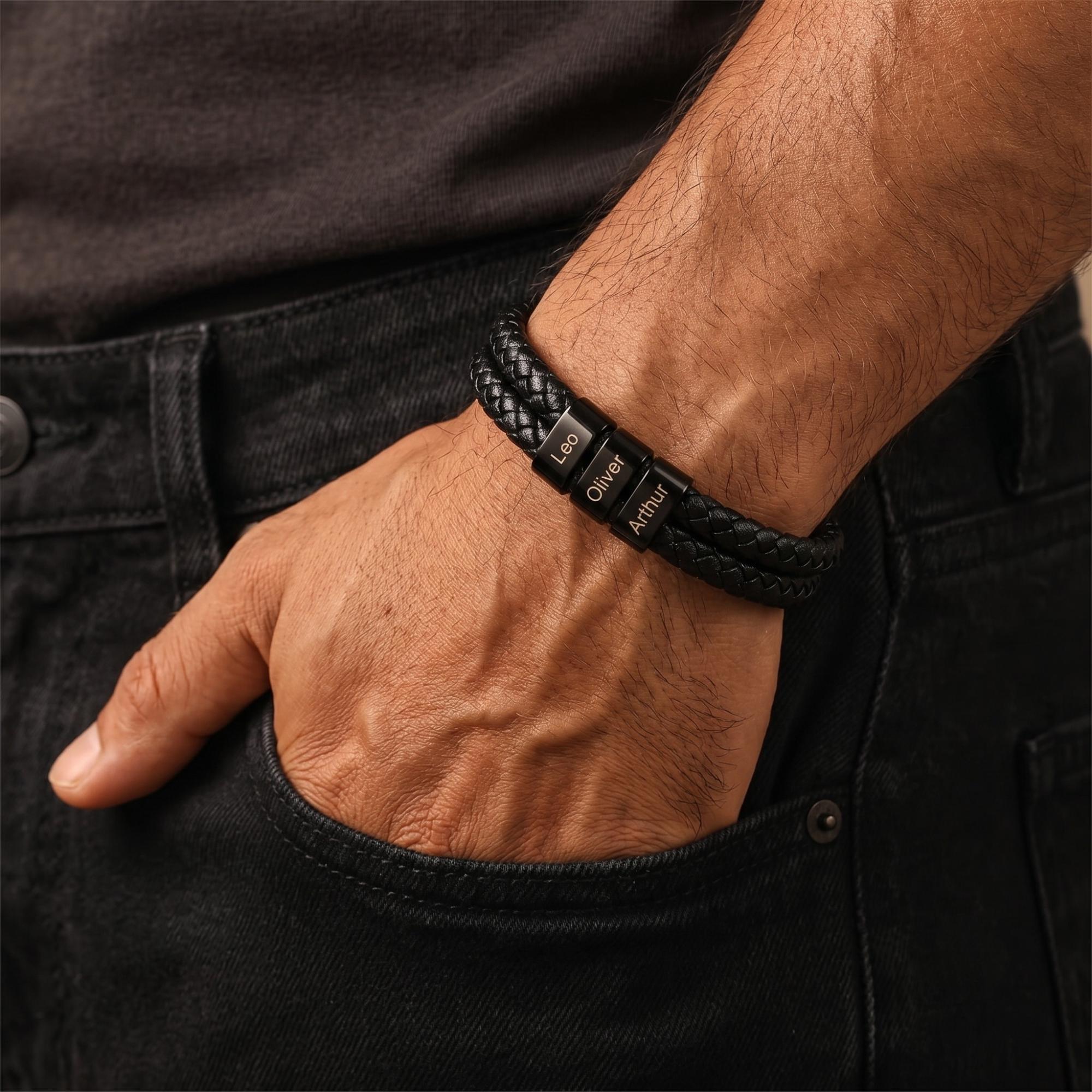 Leather dad band Custom name mens bracelet 