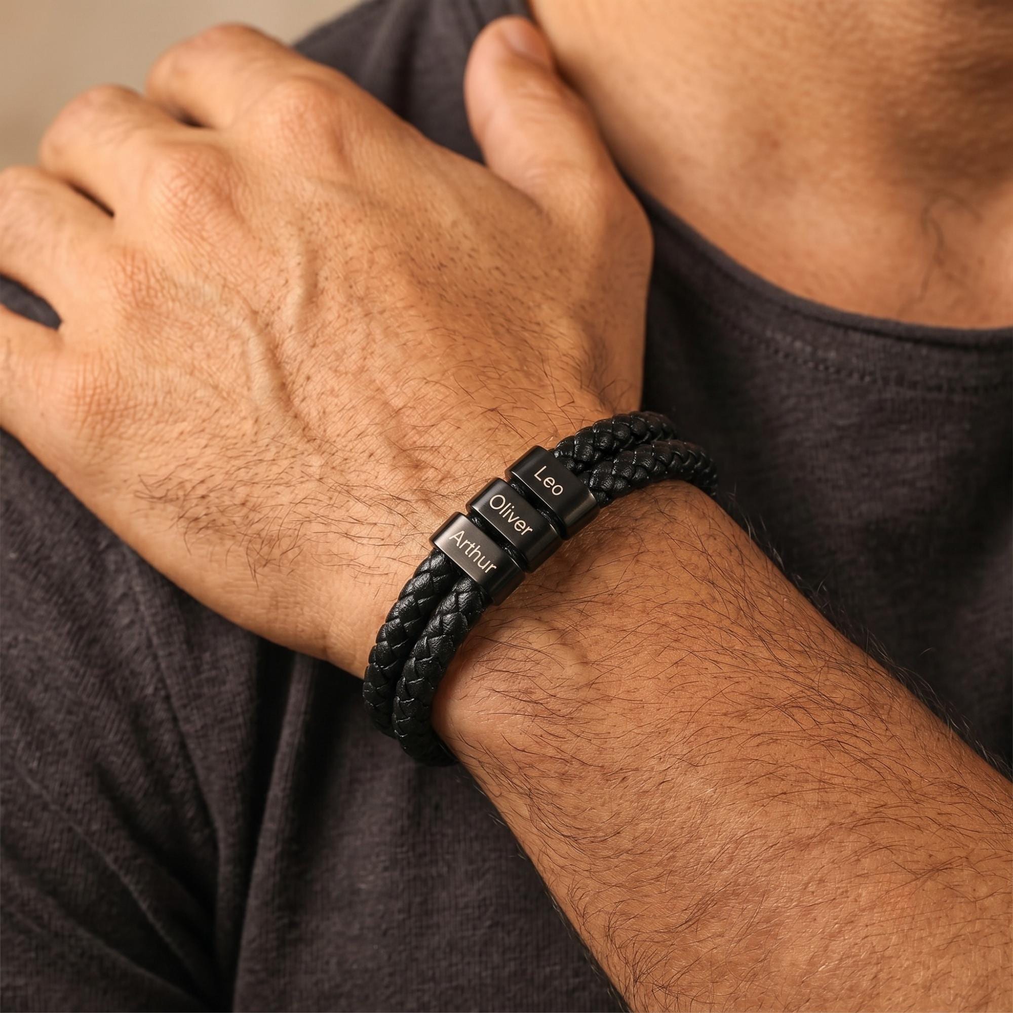 Leather dad band Custom name mens bracelet 