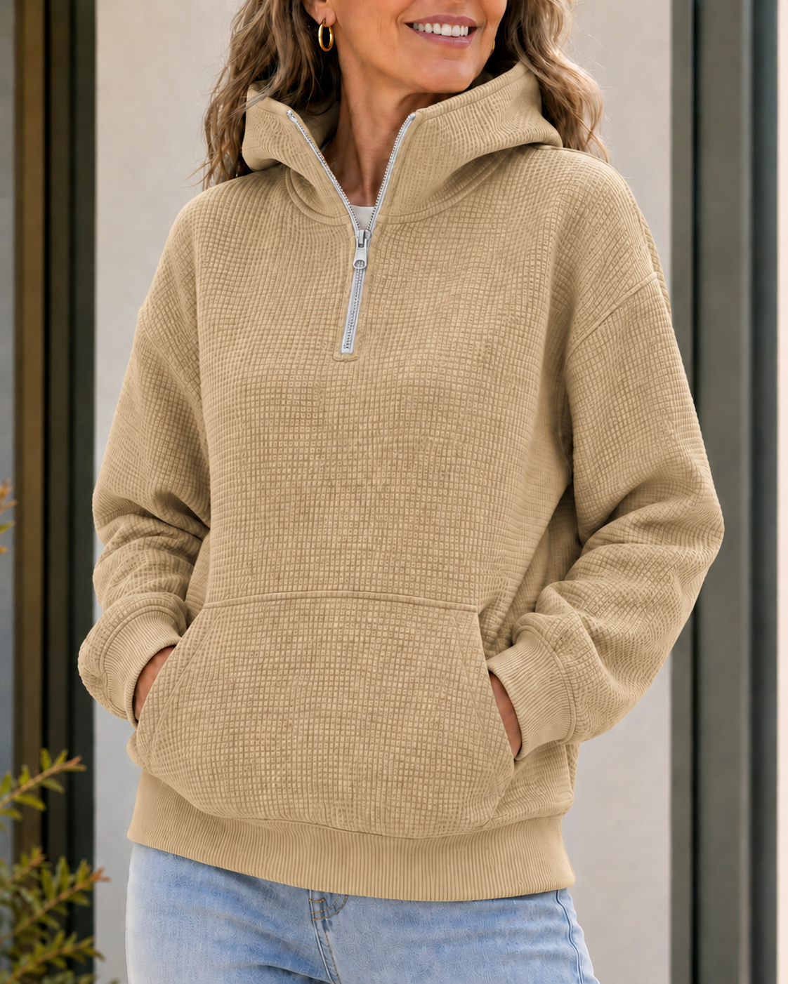 Clearance Sale 🔥 Women's Waffle-Knit Half-Zip Mock Neck Hoodie with Pockets