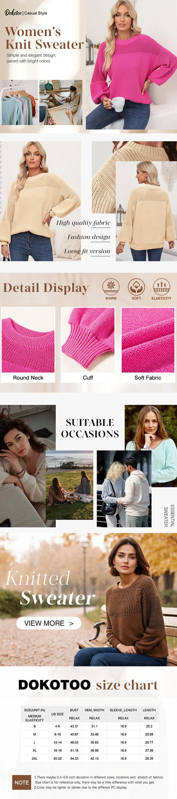 Dokotoo Women's Oversized Long Sleeve Crewneck Pullover Sweaters Solid Color Knit Tops Elegant Casual Fall Outfits Soft Comfy Fashion Clothing Trendy 2026 Winter Clothes