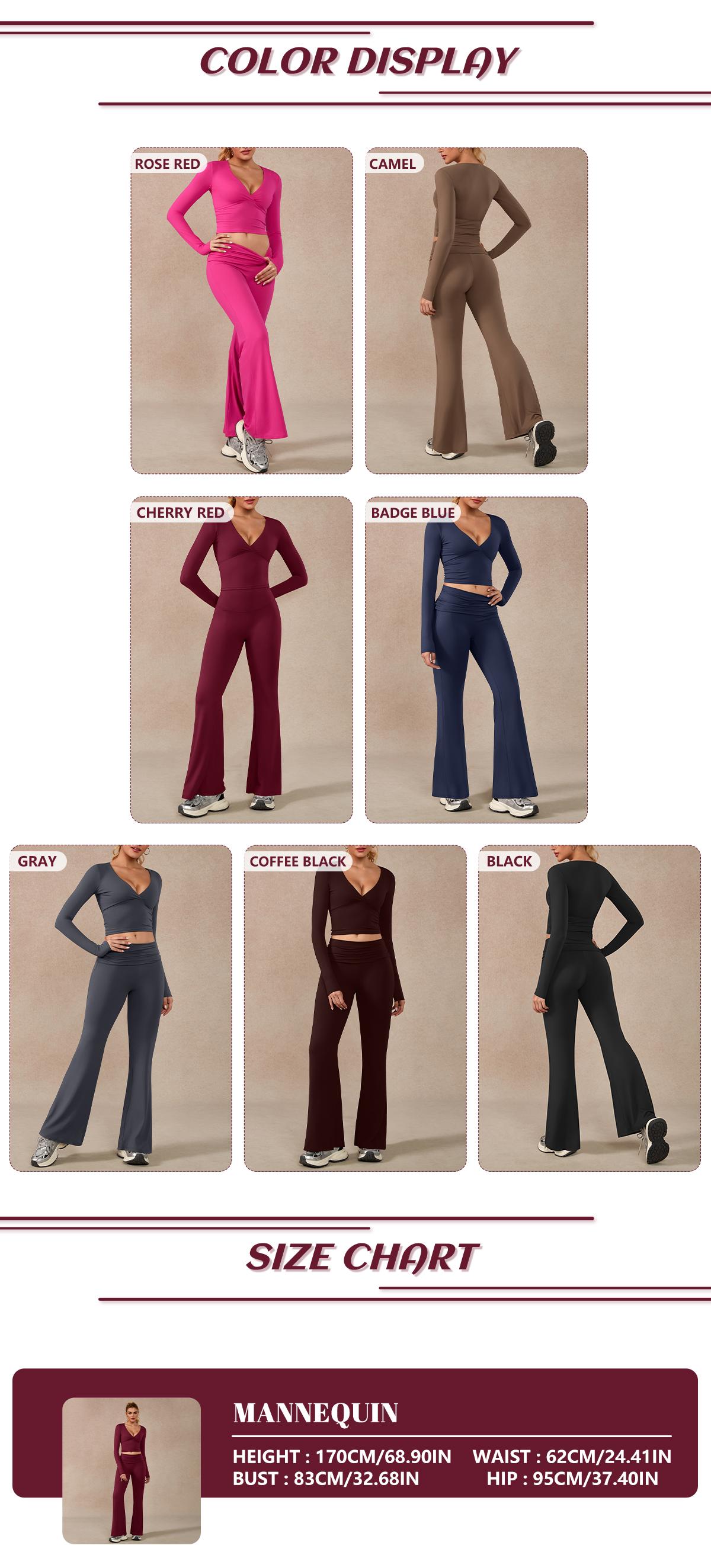 TIMEOFF Women's 2-Piece High Stretch Sporty Activewear Set - Long Sleeve Plunging V-Neck Top, Flipped Waist High-Waist Flared Leggings - Gymswear, Fitness Sport Outfits, Athleisure Wear Set for Yoga, Running, 2 Piece Sets, Workout Sets For Women