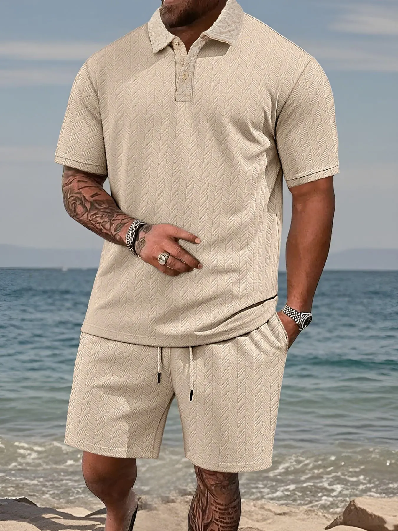 Please Purchase A Size Up. Men's Solid Casual Polo Shirt & Drawstring Waist Shorts Set, Cozy Breathable Two-piece Outfits for Daily Outdoor Wear, Men Clothes for Summer.