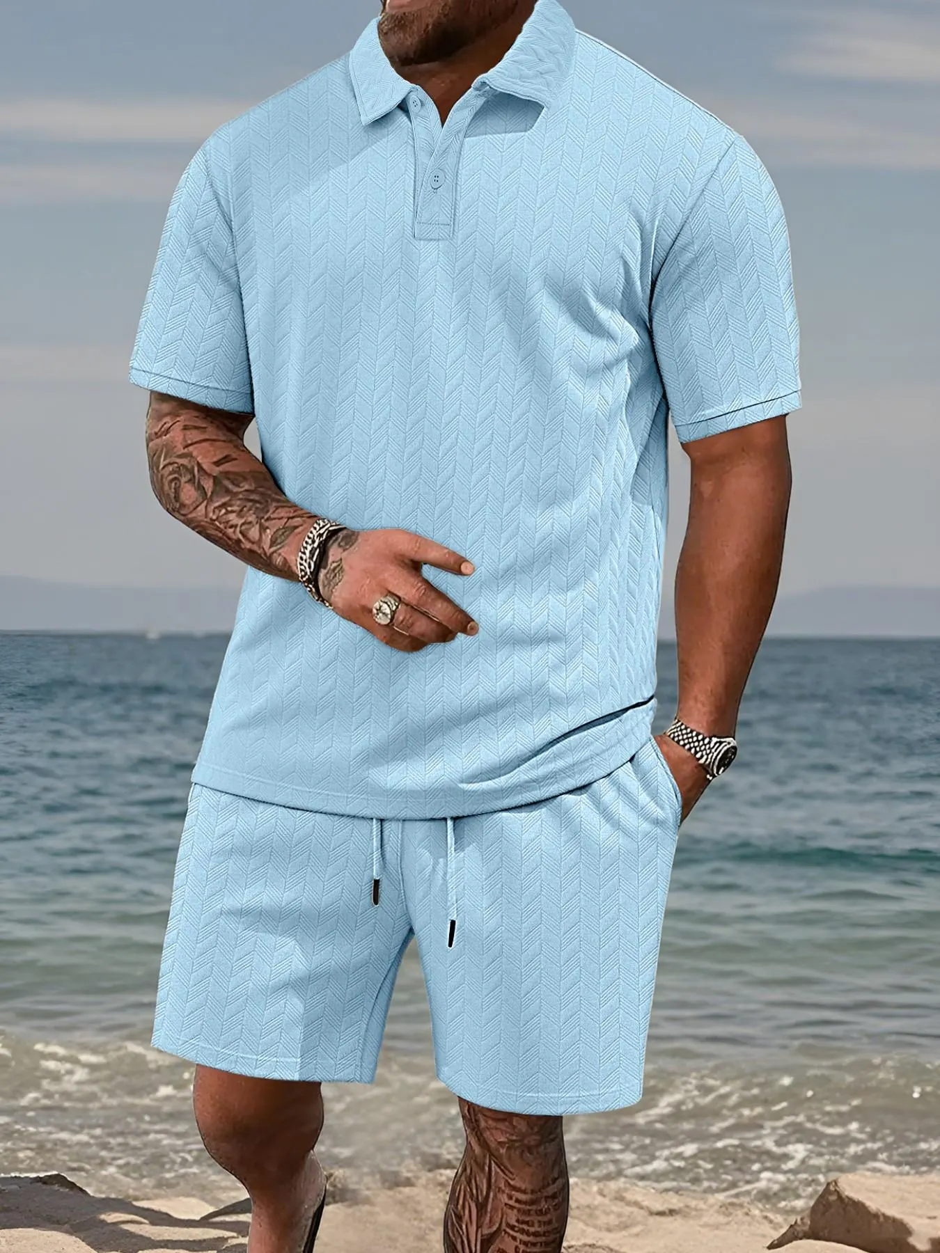 Please Purchase A Size Up. Men's Solid Casual Polo Shirt & Drawstring Waist Shorts Set, Cozy Breathable Two-piece Outfits for Daily Outdoor Wear, Men Clothes for Summer.