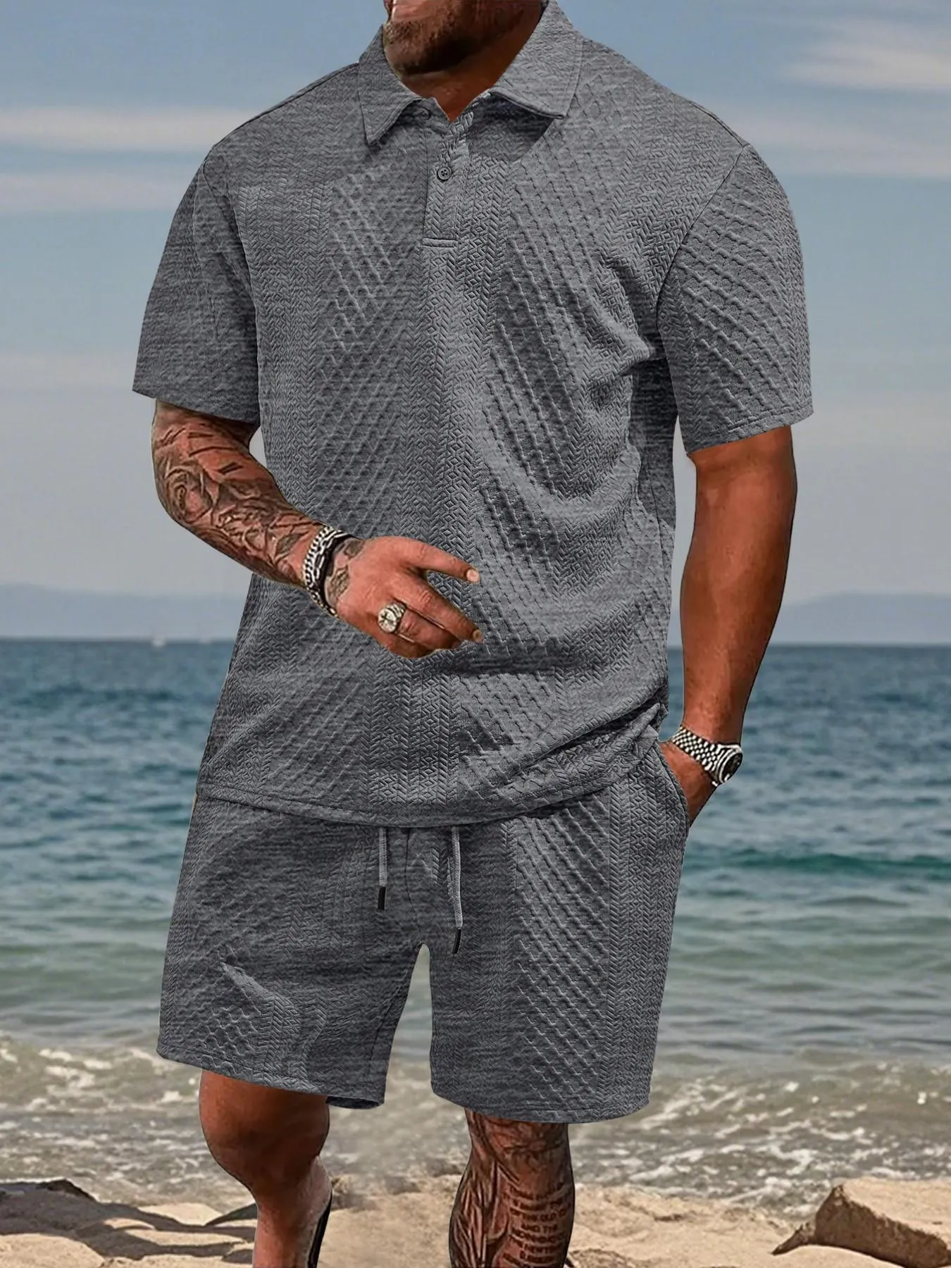 Please Purchase A Size Up. Men's Solid Casual Polo Shirt & Drawstring Waist Shorts Set, Cozy Breathable Two-piece Outfits for Daily Outdoor Wear, Men Clothes for Summer.