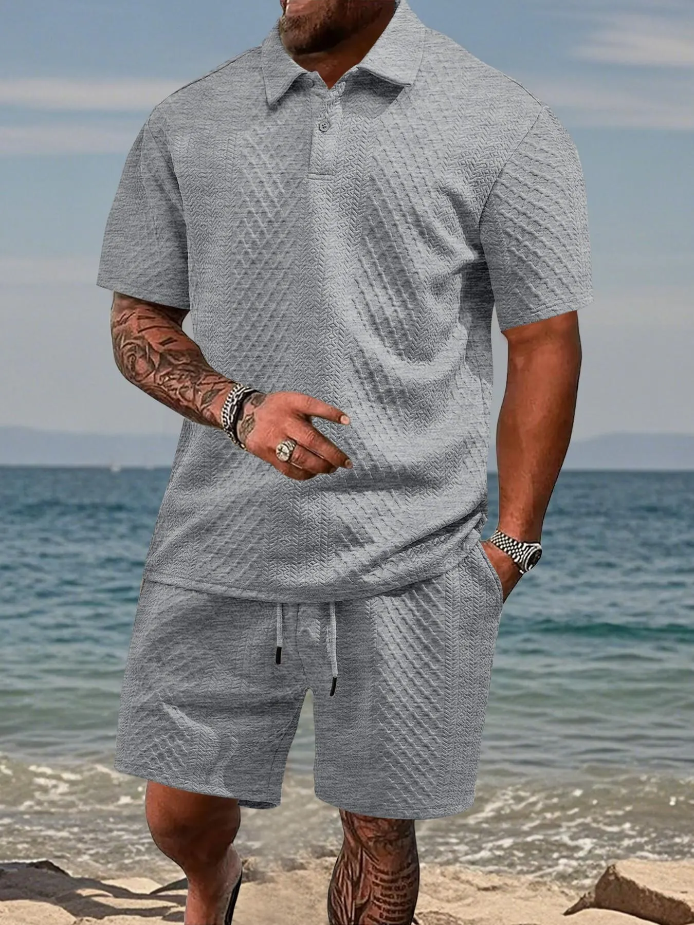 Please Purchase A Size Up. Men's Solid Casual Polo Shirt & Drawstring Waist Shorts Set, Cozy Breathable Two-piece Outfits for Daily Outdoor Wear, Men Clothes for Summer.