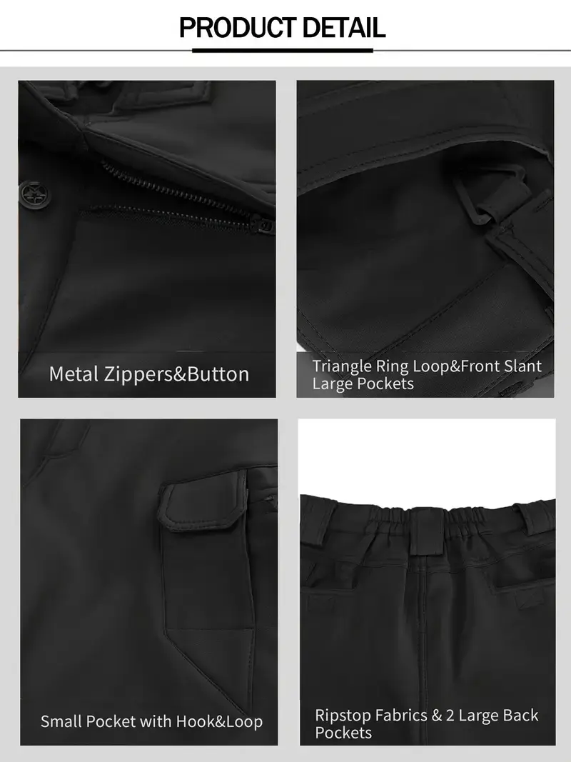 Product detail collage showing the zip and button closure, pocket design, belt loops, and elasticated waist section
