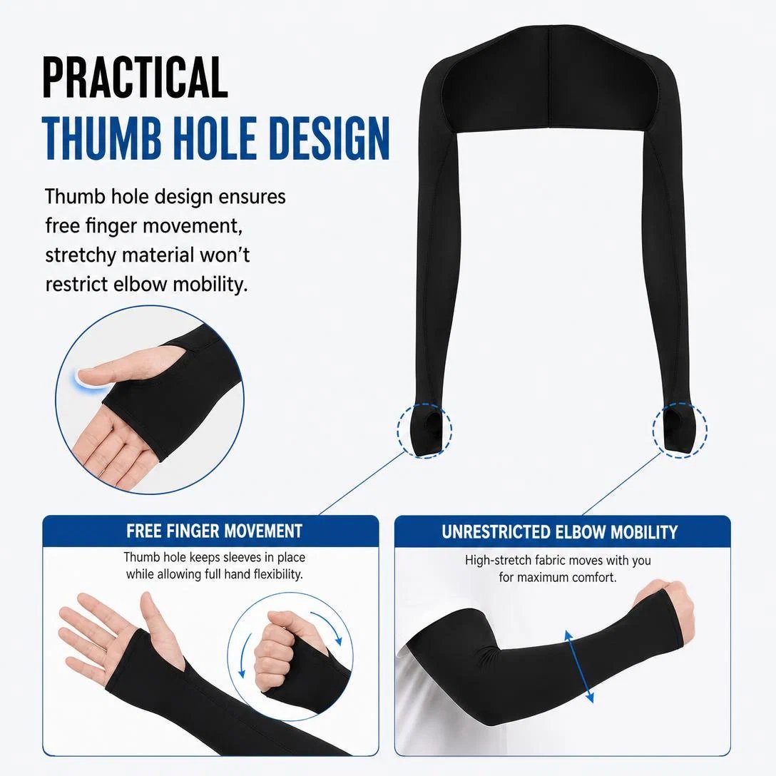 Thumb hole design on cooling sun sleeves