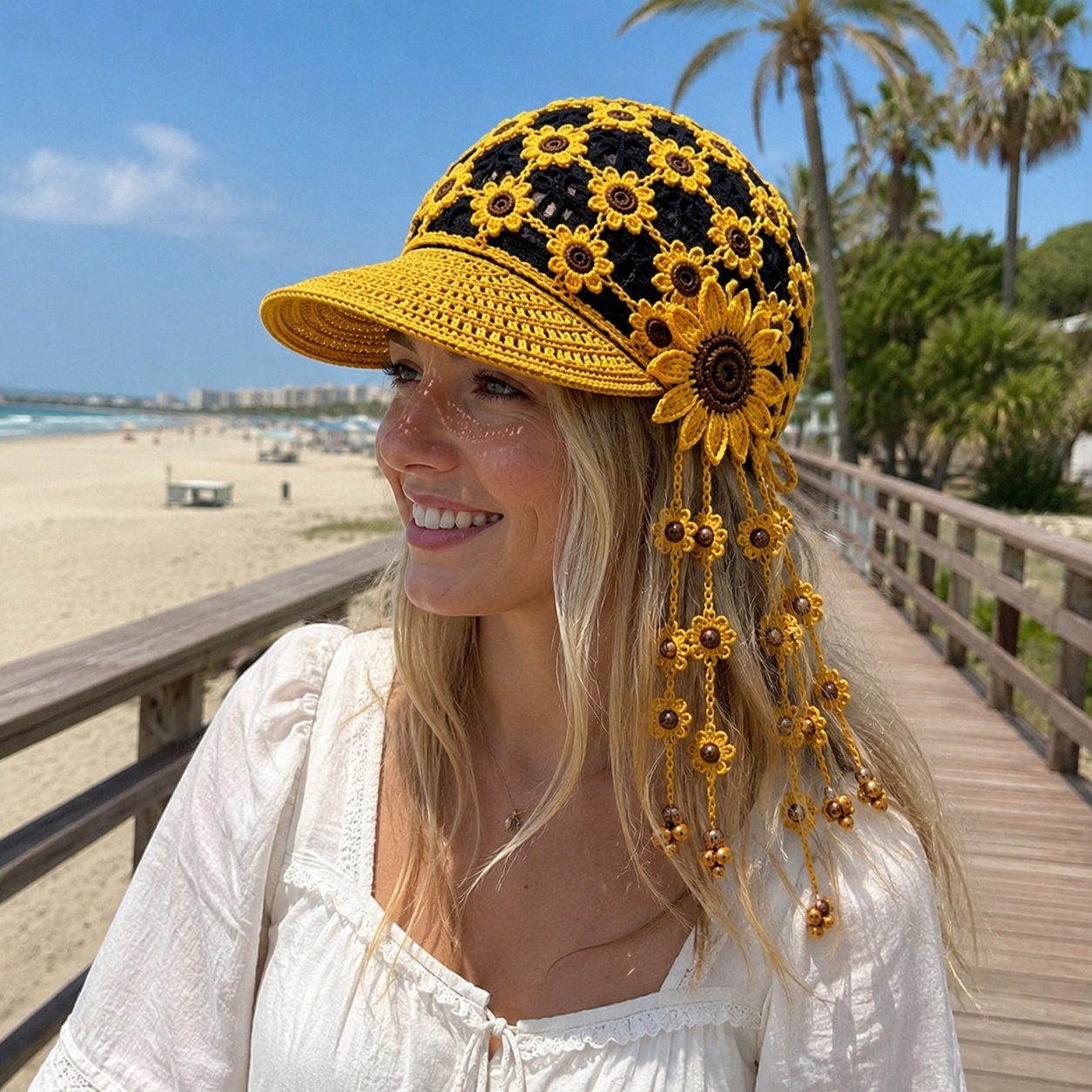 Customer wearing the golden sunflower crochet hat at the beach