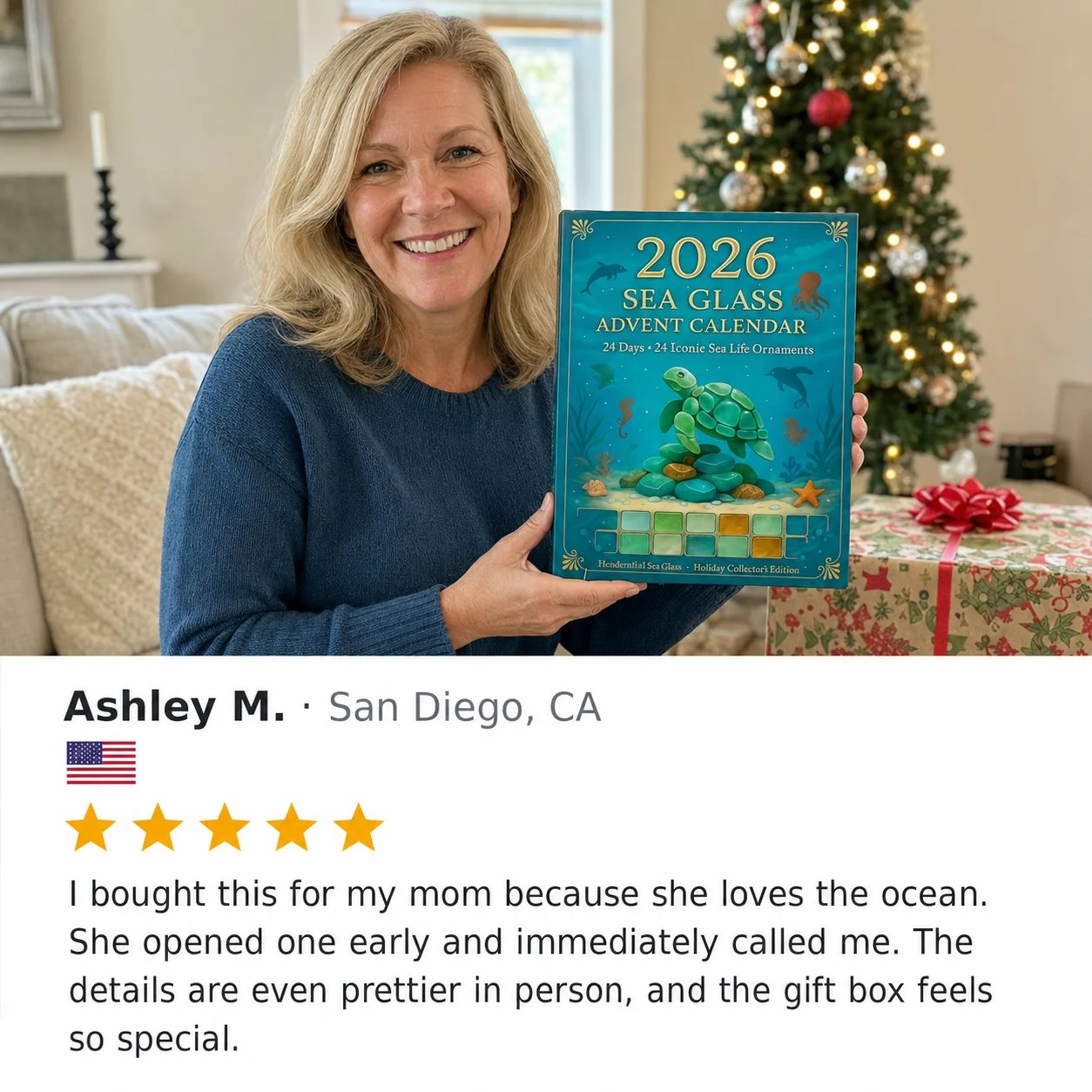 Customer photo showing sea-glass-inspired Christmas ornaments