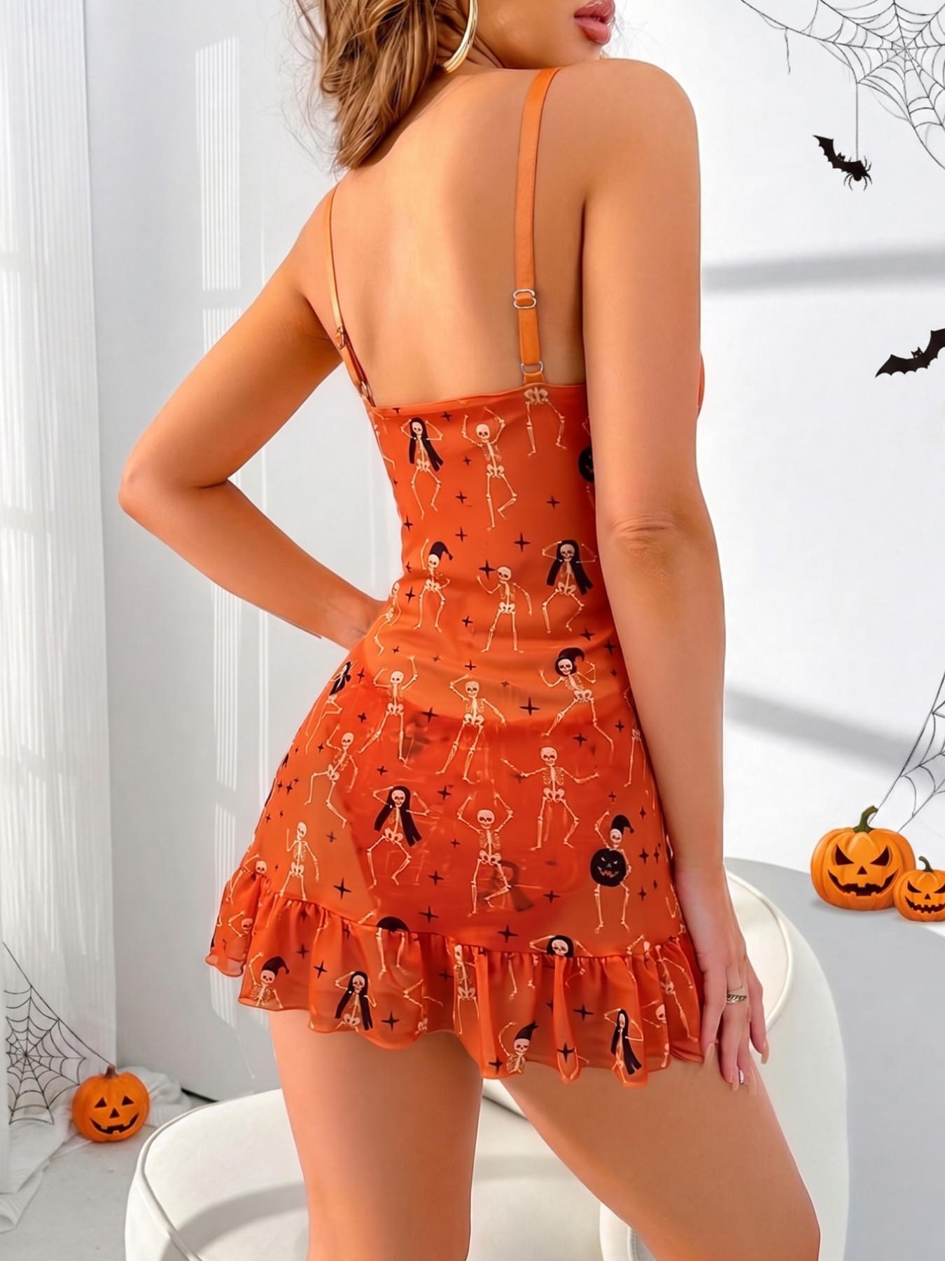 Women's Halloween Skull Pumpkin Print Nightdress, Deep V Neck, Adjustable Straps, Semi-Transparent Sexy Sleepwear, Party Wear, Home Wear, Lounge Dress