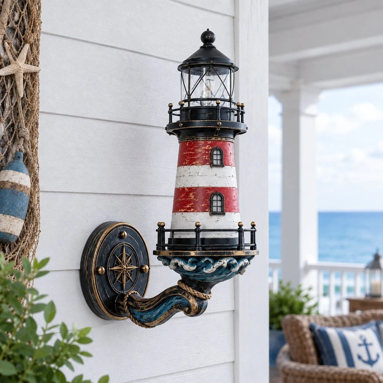 Distressed lighthouse wall sculpture displayed in clear natural daylight