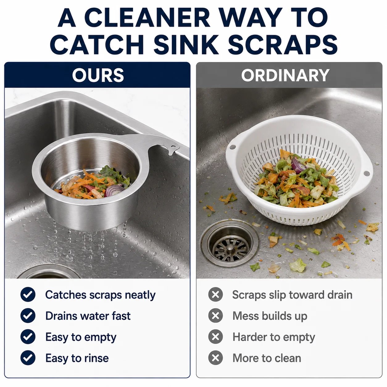 Hanging Drain Basket comparison with ordinary sink cleanup