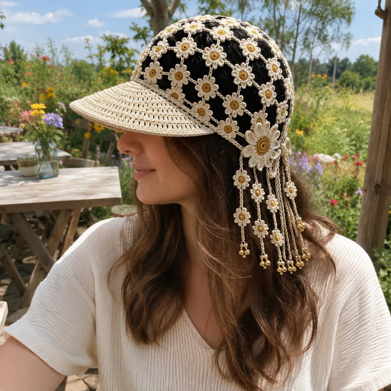 Customer wearing the ivory sunflower crochet hat in a garden