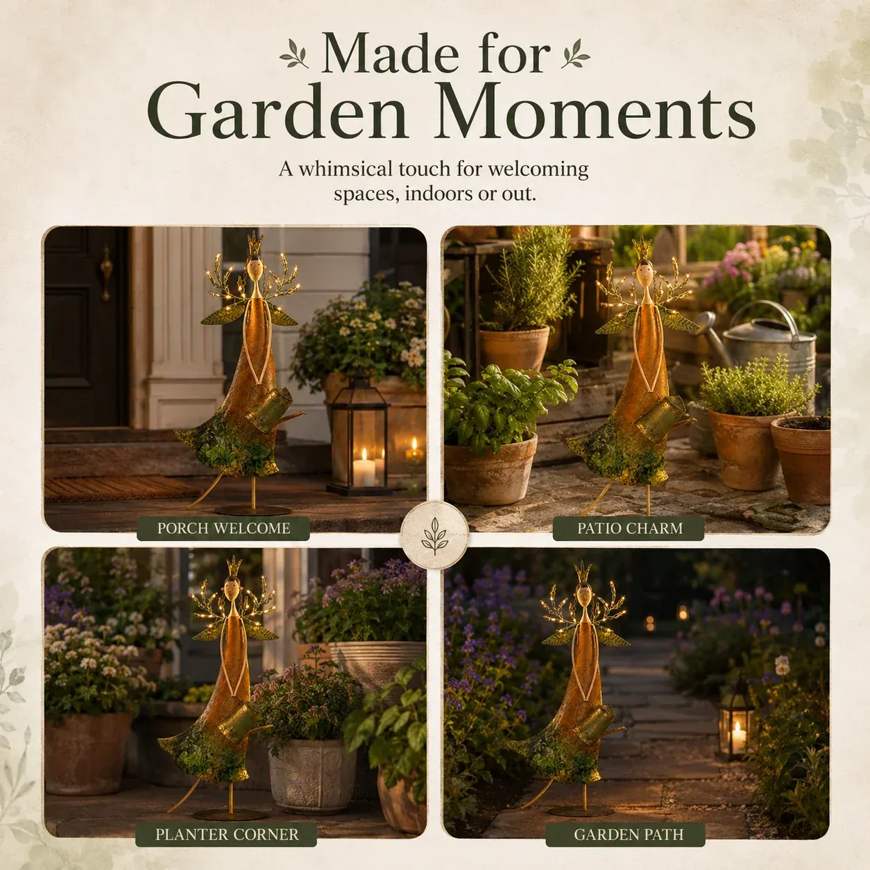 Twilight Glow Garden Girl styled in porch, patio, planter and garden path settings