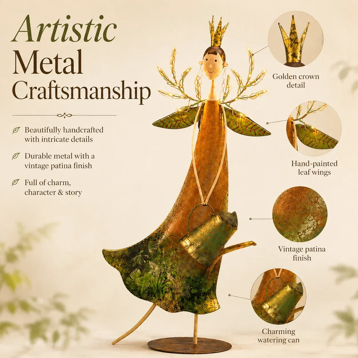 Product detail guide showing crown, wings, finish and watering can