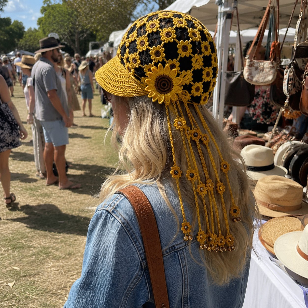 Customer showing the flower tassels at an outdoor market