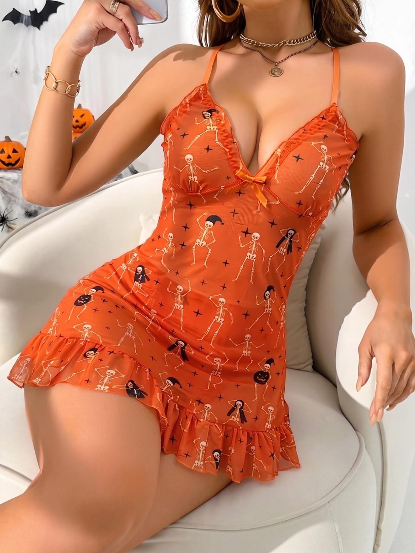 Women's Halloween Skull Pumpkin Print Nightdress, Deep V Neck, Adjustable Straps, Semi-Transparent Sexy Sleepwear, Party Wear, Home Wear, Lounge Dress