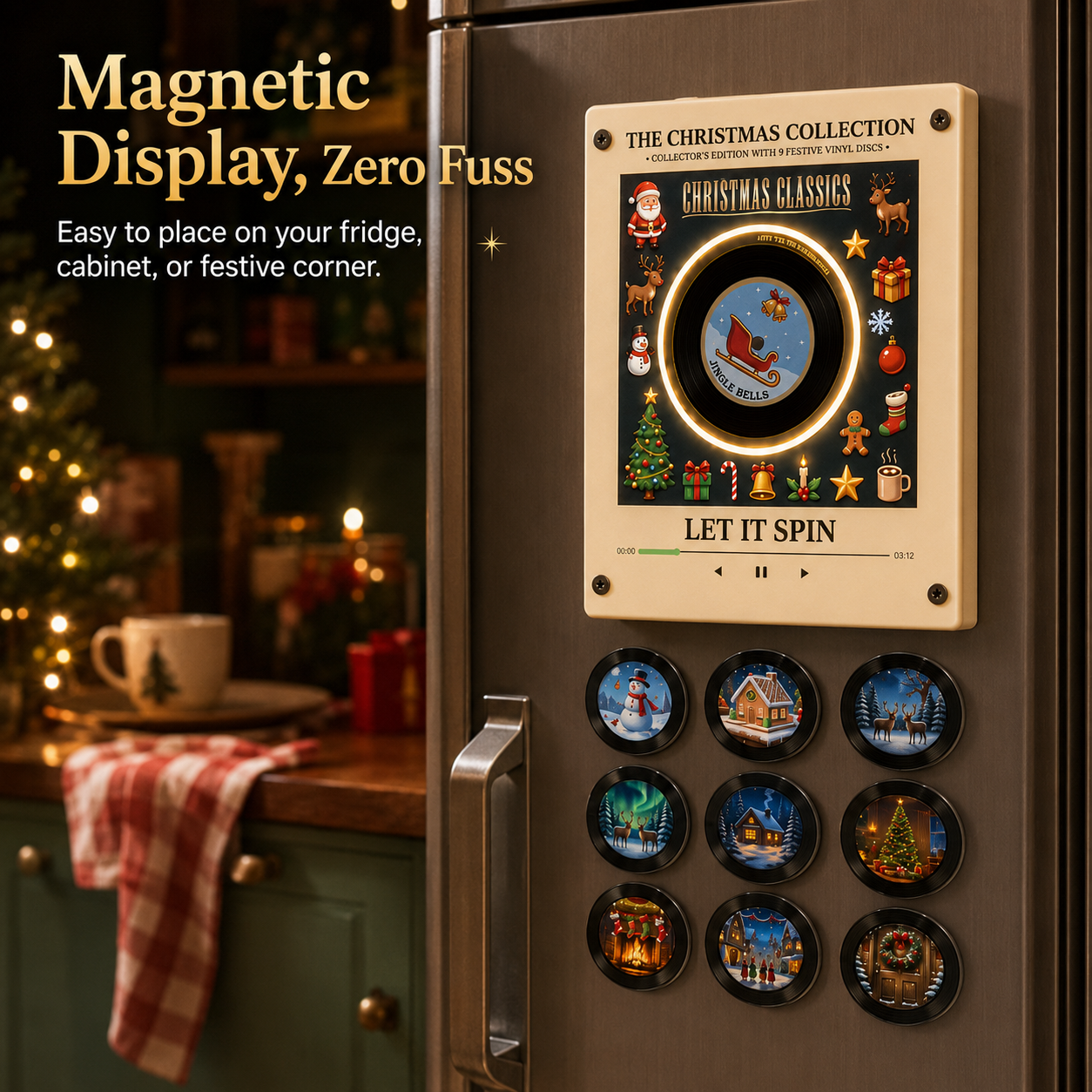 Magnetic Christmas vinyl player display on fridge