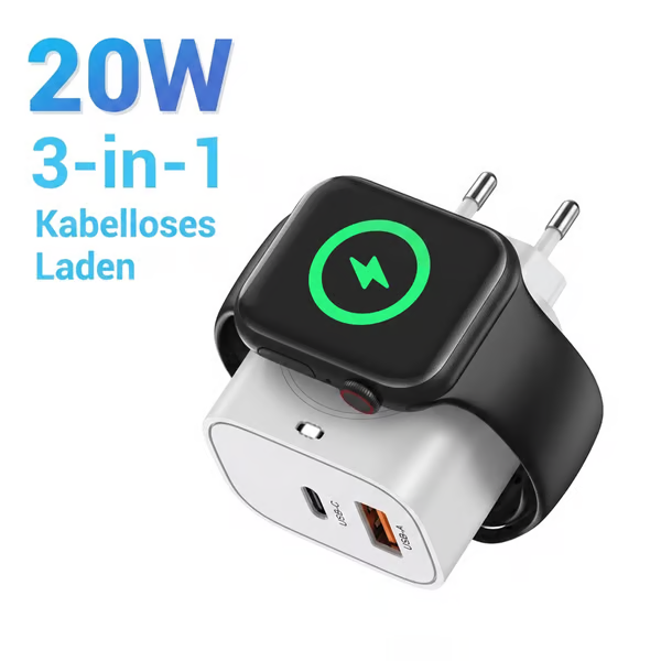 Magnetisches 3-in-1-Wandladegerät (kabellos, PD, USB-C) – 20 W Schnellladung, kompatibel mit iWatch Ultra/9/8/7/6, iPhone 17/17 Pro/16/16 Pro/15-Serie, Smartphones und Apple Watch-Modellen