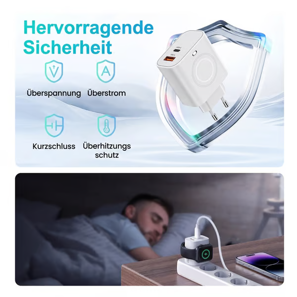 Magnetisches 3-in-1-Wandladegerät (kabellos, PD, USB-C) – 20 W Schnellladung, kompatibel mit iWatch Ultra/9/8/7/6, iPhone 17/17 Pro/16/16 Pro/15-Serie, Smartphones und Apple Watch-Modellen