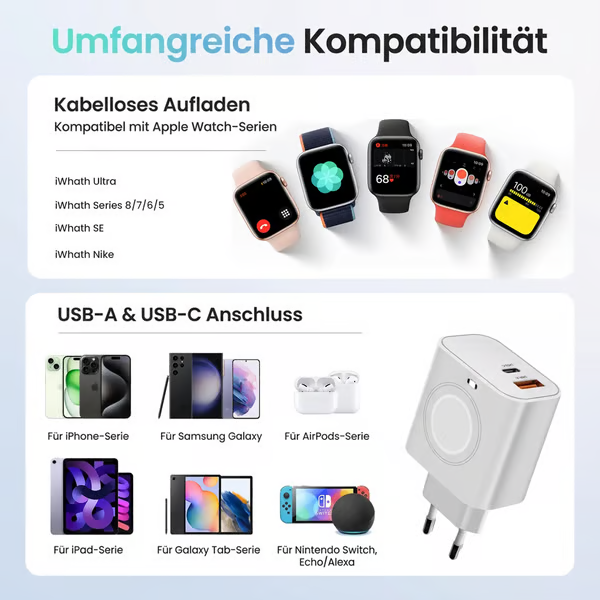 Magnetisches 3-in-1-Wandladegerät (kabellos, PD, USB-C) – 20 W Schnellladung, kompatibel mit iWatch Ultra/9/8/7/6, iPhone 17/17 Pro/16/16 Pro/15-Serie, Smartphones und Apple Watch-Modellen