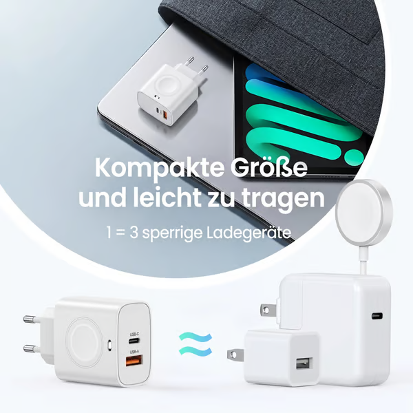 Magnetisches 3-in-1-Wandladegerät (kabellos, PD, USB-C) – 20 W Schnellladung, kompatibel mit iWatch Ultra/9/8/7/6, iPhone 17/17 Pro/16/16 Pro/15-Serie, Smartphones und Apple Watch-Modellen