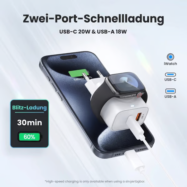 Magnetisches 3-in-1-Wandladegerät (kabellos, PD, USB-C) – 20 W Schnellladung, kompatibel mit iWatch Ultra/9/8/7/6, iPhone 17/17 Pro/16/16 Pro/15-Serie, Smartphones und Apple Watch-Modellen