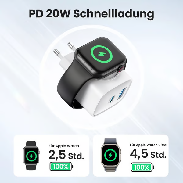 Magnetisches 3-in-1-Wandladegerät (kabellos, PD, USB-C) – 20 W Schnellladung, kompatibel mit iWatch Ultra/9/8/7/6, iPhone 17/17 Pro/16/16 Pro/15-Serie, Smartphones und Apple Watch-Modellen
