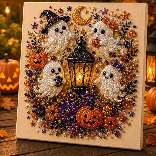 👻🎃 Halloween-Geist Diamond-Painting-Set (DIY), 20 × 20 cm – Niedliches & geheimnisvolles 3D-Diamond-Art-Motiv, herbstliche Wanddekoration, saisonale Geschenkidee für Anfänger & Partys