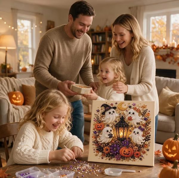 👻🎃 Halloween-Geist Diamond-Painting-Set (DIY), 20 × 20 cm – Niedliches & geheimnisvolles 3D-Diamond-Art-Motiv, herbstliche Wanddekoration, saisonale Geschenkidee für Anfänger & Partys