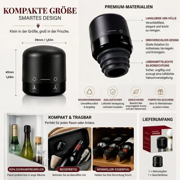 🍷 Premium-Vakuum-Weinverschluss – Hält Wein länger frisch dank luftdichtem Verschluss