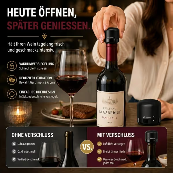 🍷 Premium-Vakuum-Weinverschluss – Hält Wein länger frisch dank luftdichtem Verschluss