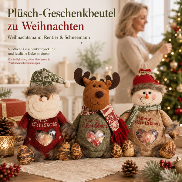 🎄 Plüsch-Geschenkbeutel zu Weihnachten – Weihnachtsmann, Rentier & Schneemann
