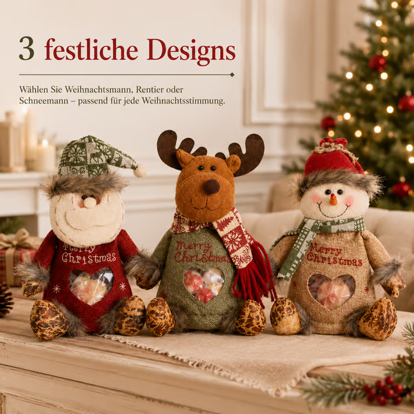 🎄 Plüsch-Geschenkbeutel zu Weihnachten – Weihnachtsmann, Rentier & Schneemann