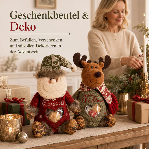 🎄 Plüsch-Geschenkbeutel zu Weihnachten – Weihnachtsmann, Rentier & Schneemann