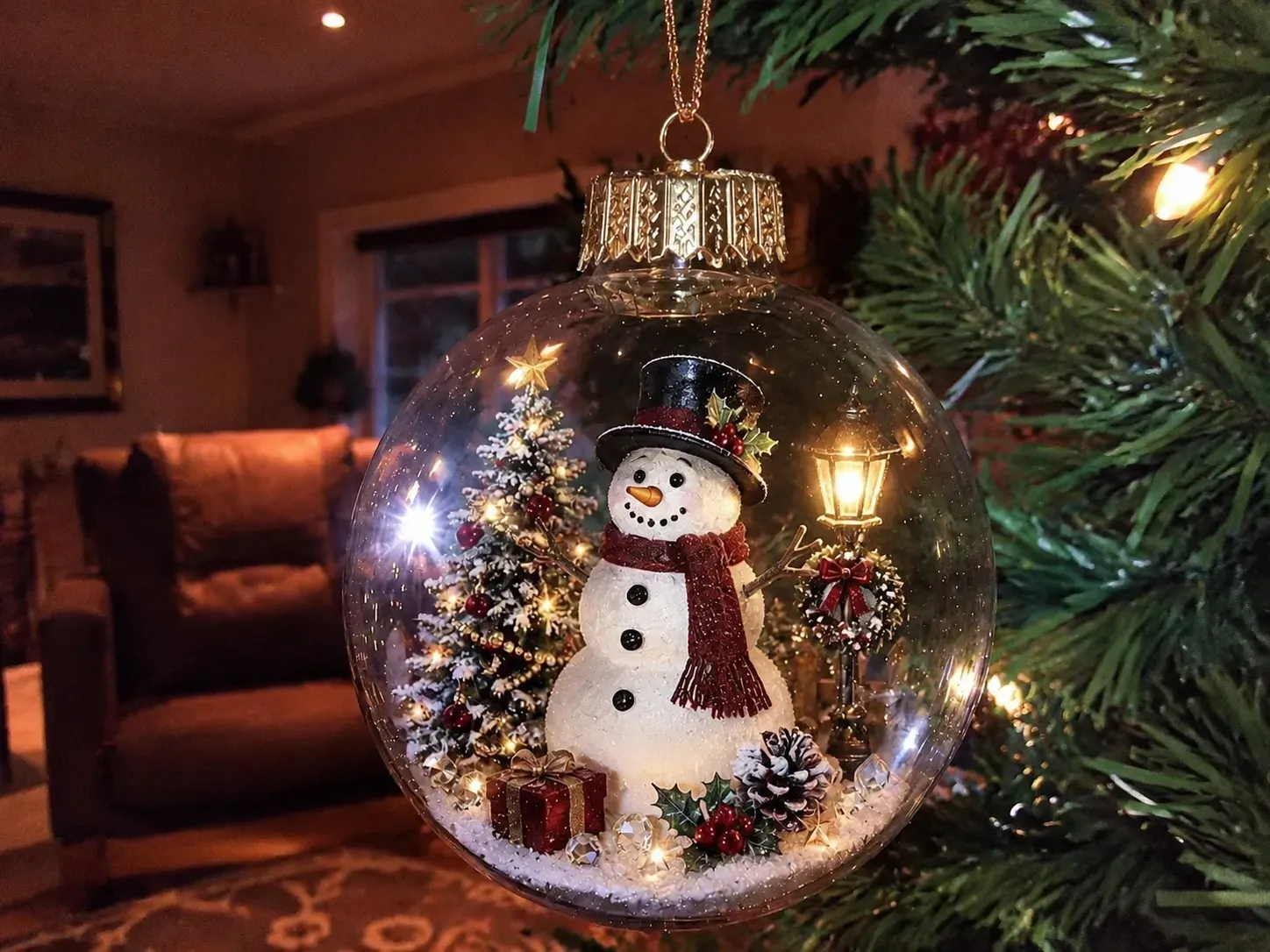 Customer photo of a glowing snowman Christmas diorama ornament