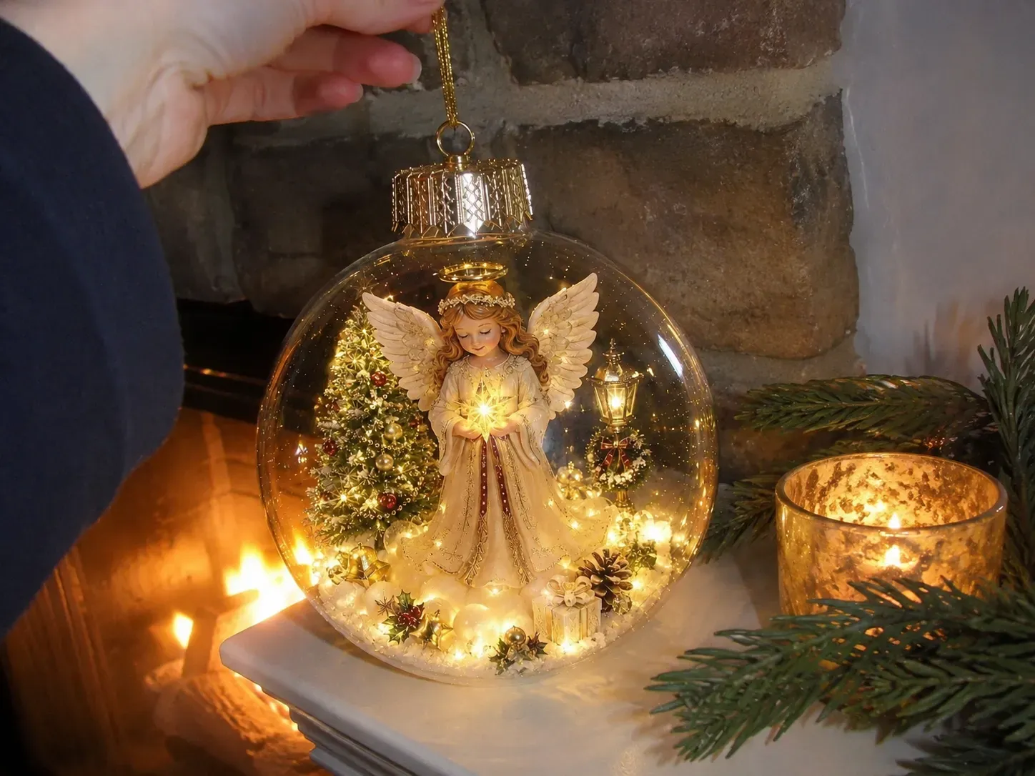 Customer photo of a glowing angel Christmas diorama ornament