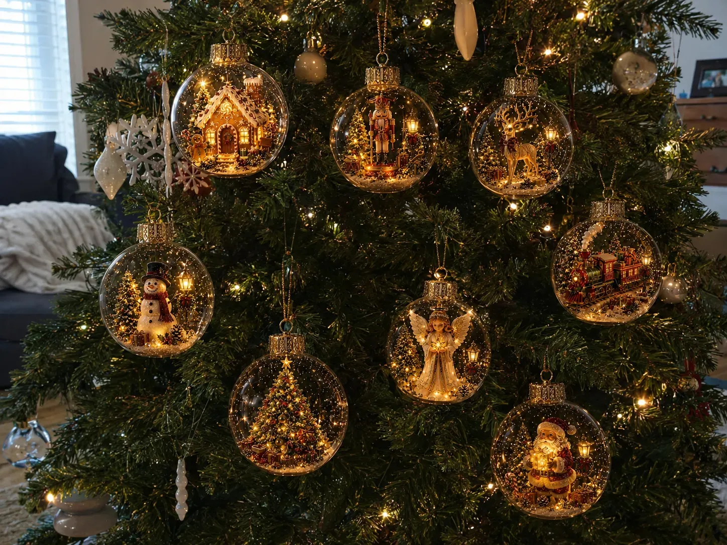 Customer photo of multiple glowing Christmas diorama ornaments on a tree