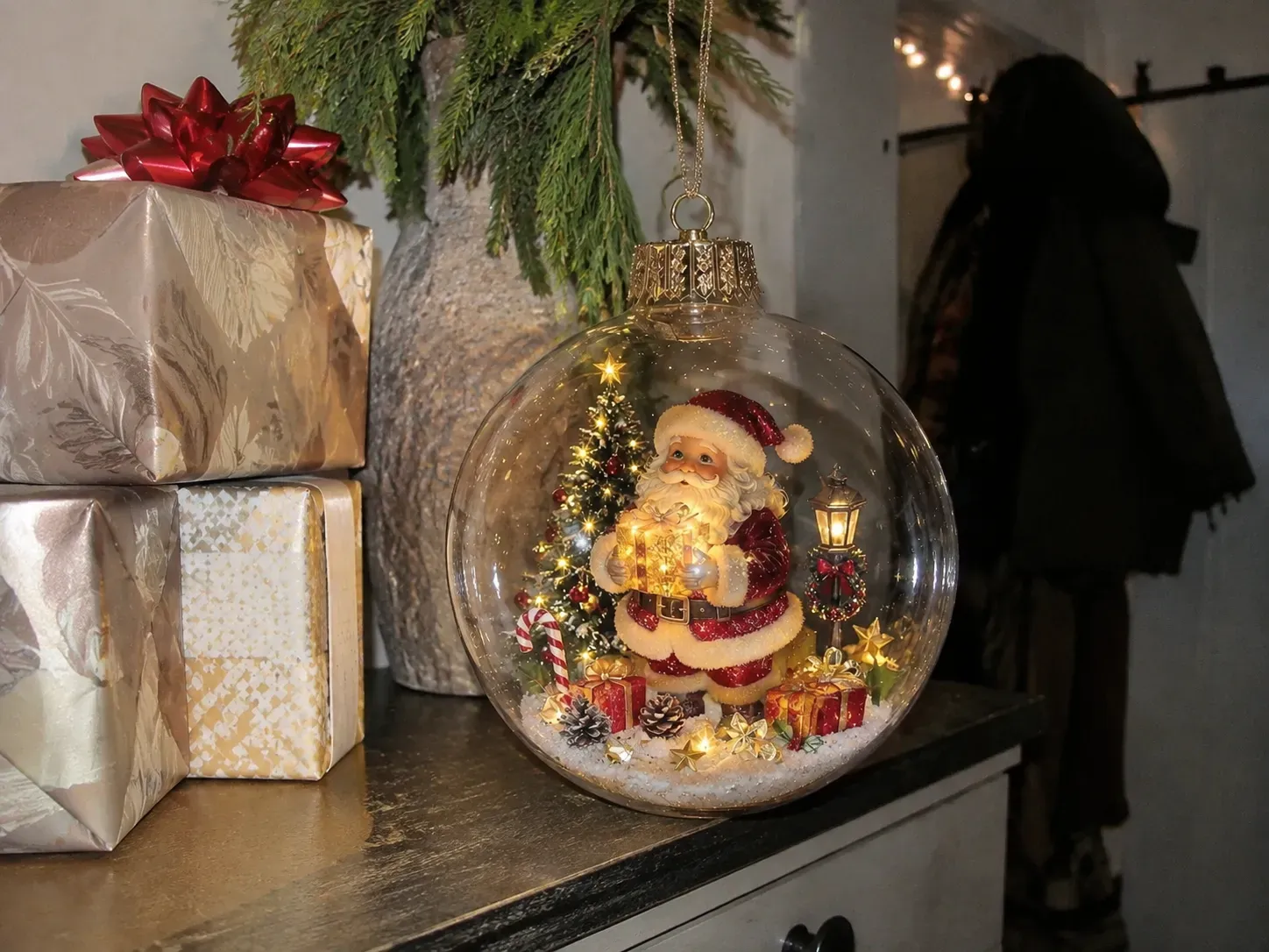 Customer photo of a glowing Santa Christmas diorama ornament
