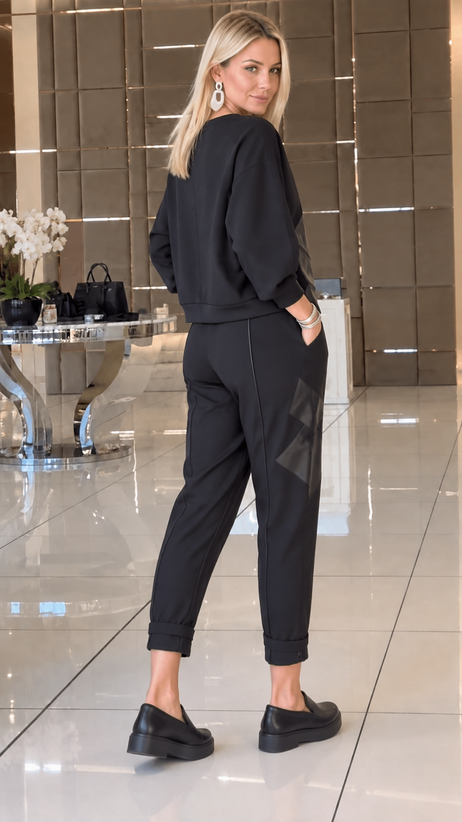 Faux Leather Panel Top&Jogger Pants Two Piece Set